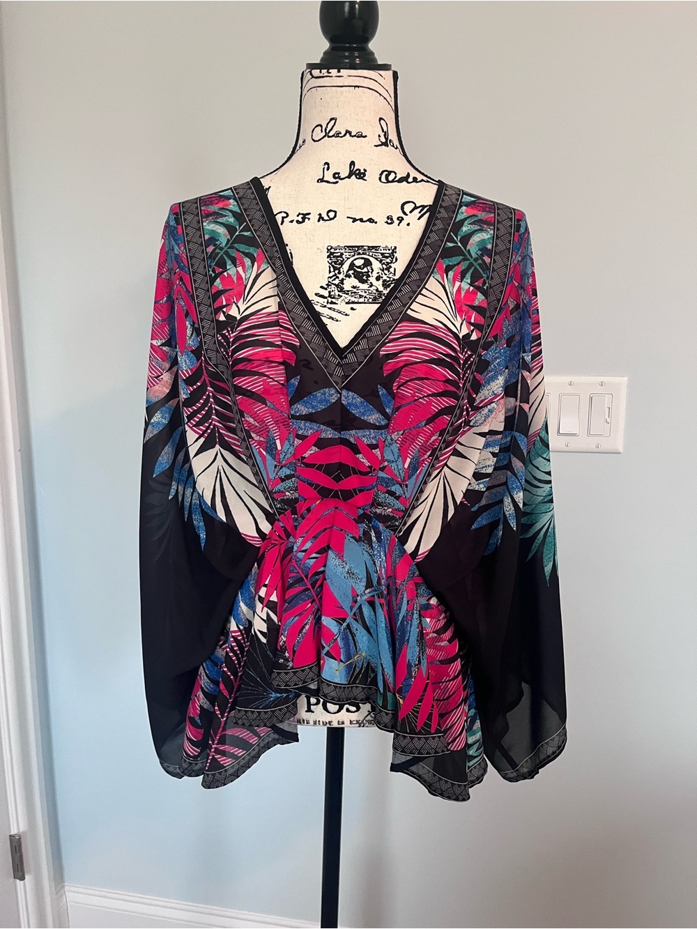 Flying Tomato Black Pink Blue Tropical V-Neck Women's Top